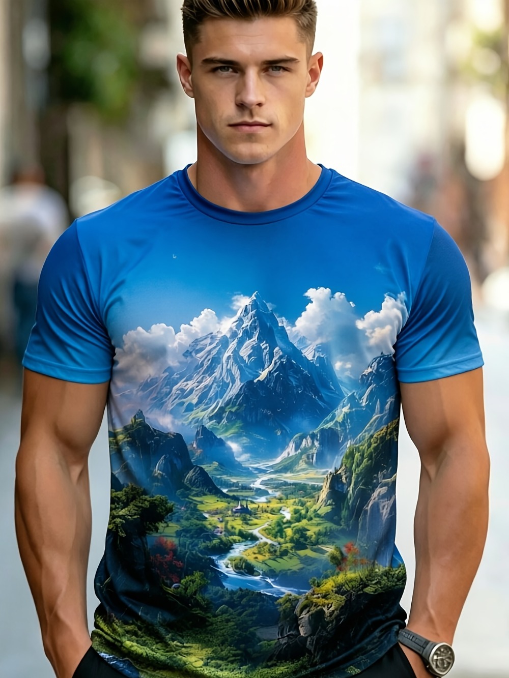 メンズ、山の風景をプリントした3Dデザインの、速乾性に優れた - Street Fashion Y2K のレビューと価格
